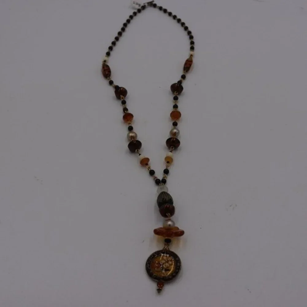 Anthropologie Bronze Tone & Pearl Accent Watch Necklace